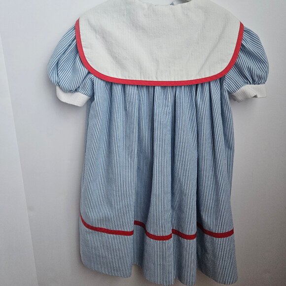 VTG Youngland Nautical Sailor Seersucker Dress Blue & White with Red Trim - Picture 10 of 15